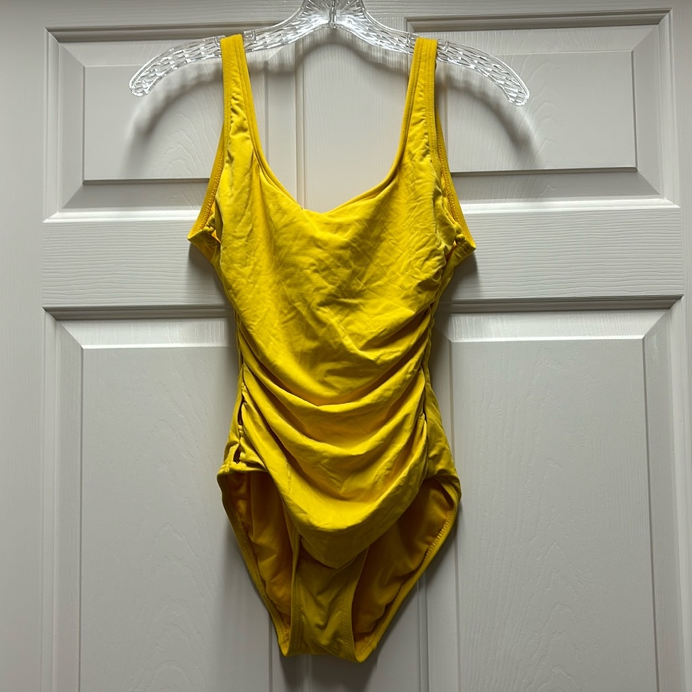 Carmen Marc Valvo swimwear yellow mustard knotted side one piece bathing suit